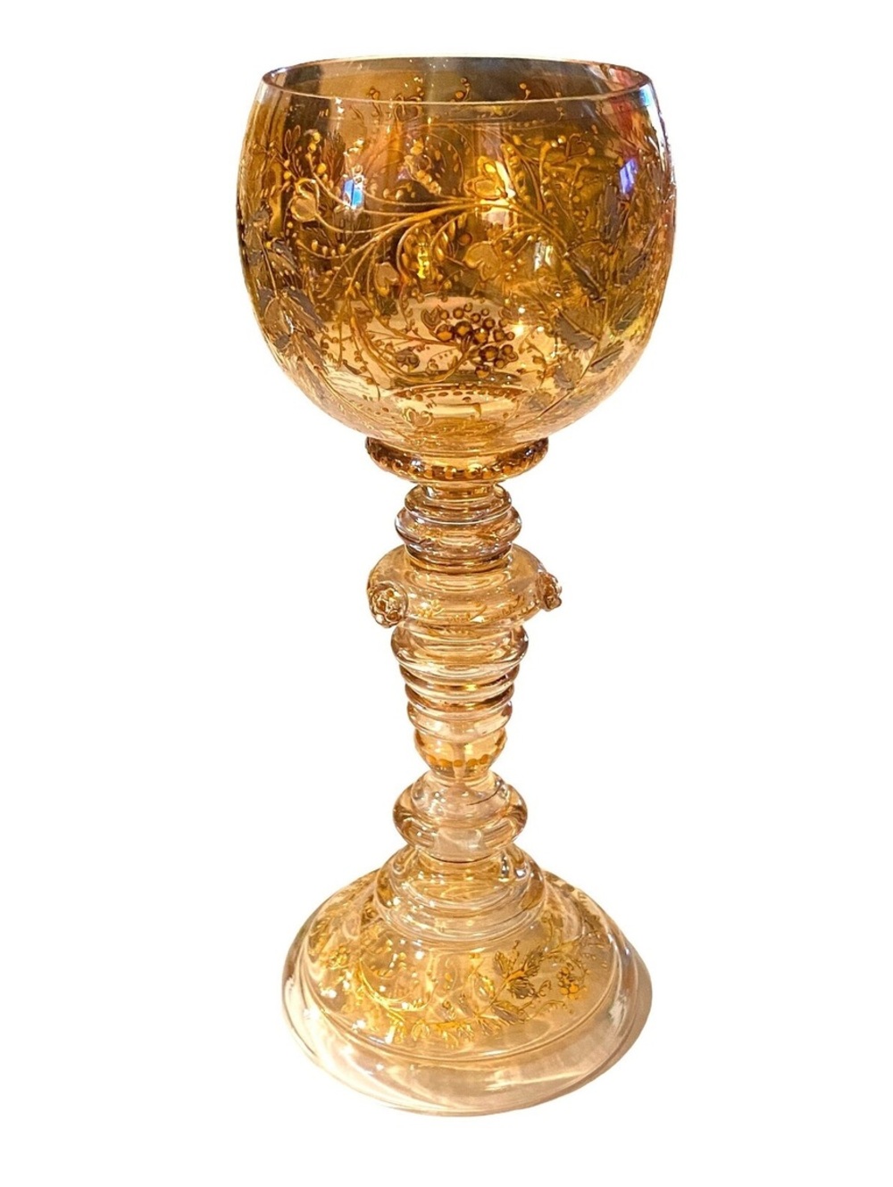 Moser or Harrach Bohemian Blown Wine Goblet With Enameled Floral, Prunts
